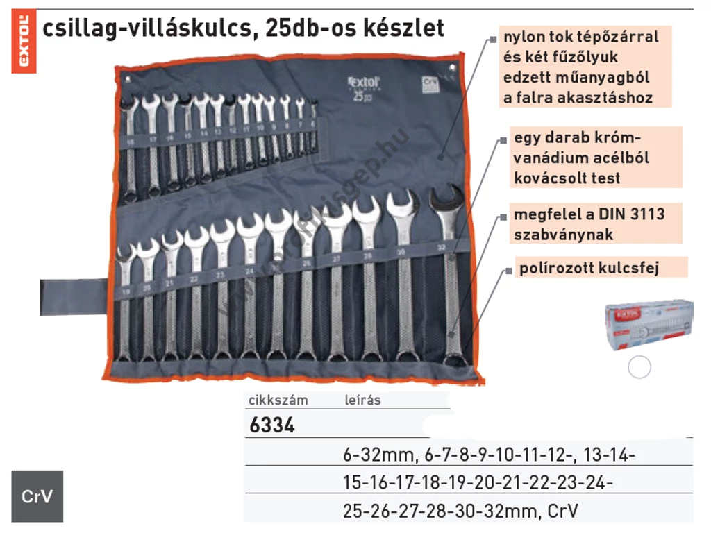 EXTOL premium csillag-villás kulcs készlet, CrV., vászon tartóban ; 25db, 6-32mm
