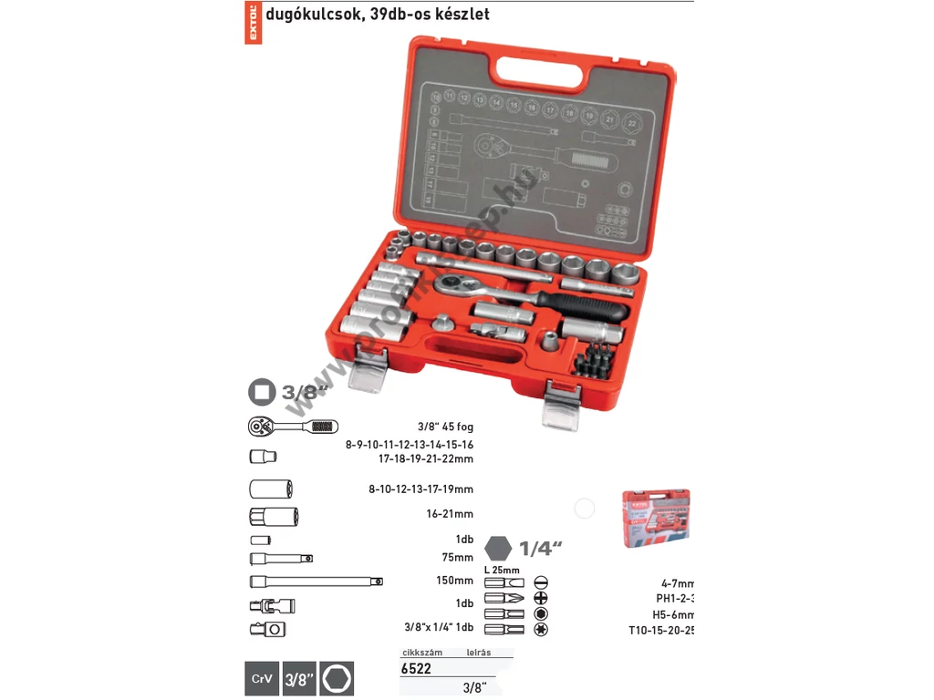 EXTOL premium dugókulcs készlet CV., racsnis 45fog ; 3/8", 39db, normál(8-22mm) és hosszú(8-19mm)
