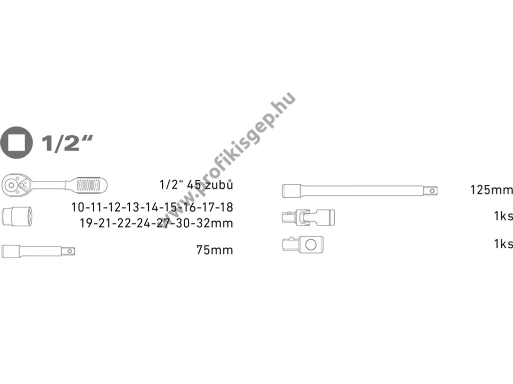 EXTOL premium dugókulcs készlet CV., racsnis 45fog ; 1/2" 21db, 10-32mm