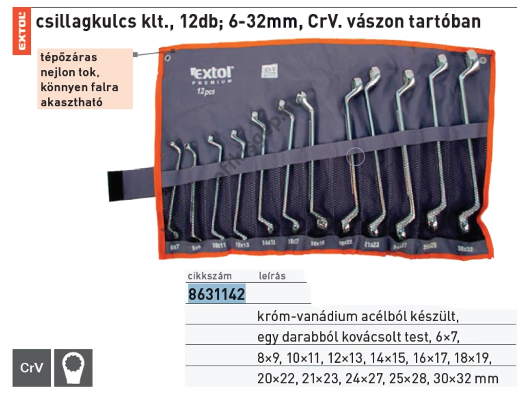 EXTOL premium csillagkulcs klt., 12db; 6-32mm, CrV. vászon tartóban