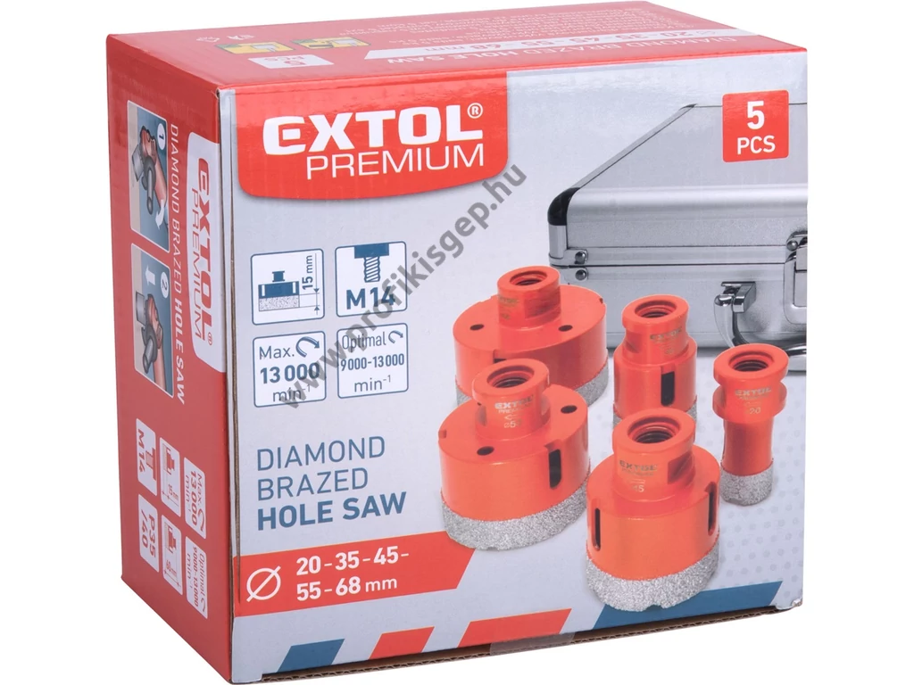 EXTOL premium körkivágó csempére klt. 5 db, gyémánt vágóél; 20-68mm × M14, sarokcsiszolóba fogható