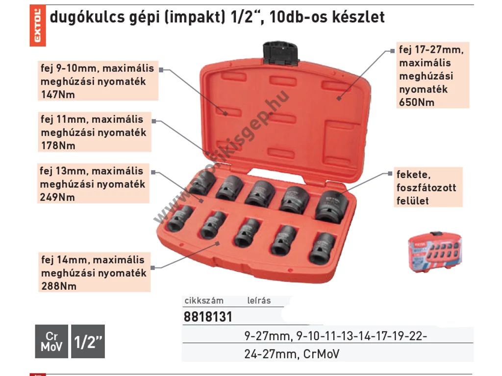 EXTOL premium gépi (impakt) dugófej klt. 1/2", 10db, 9-27mm × 37 mm ; feketített, műanyag tartóban