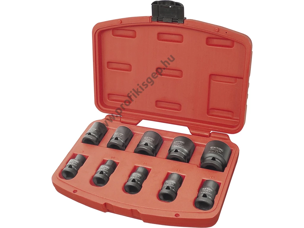 EXTOL premium gépi (impakt) dugófej klt. 1/2", 10db, 9-27mm × 37 mm ; feketített, műanyag tartóban