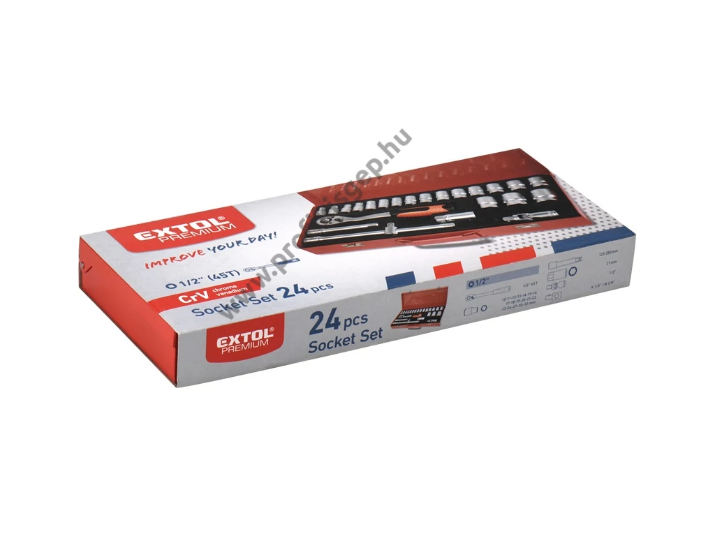 EXTOL premium dugókulcs készlet, CV., racsnis 45fog ; 1/2" 24db, 10-32mm, fém doboz