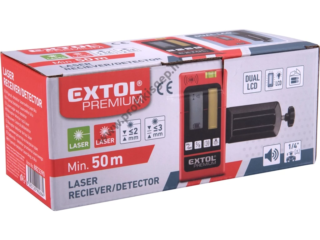 EXTOL premium lézeres vevő/detektor/jelfogó vízszintezőhöz, PIROS és ZÖLD, 50m