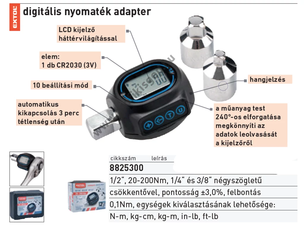 EXTOL premium digitális nyomaték adapter, hangjelzéssel, 1/2", 20-200Nm, adapterek: 1/4"és 3/8"