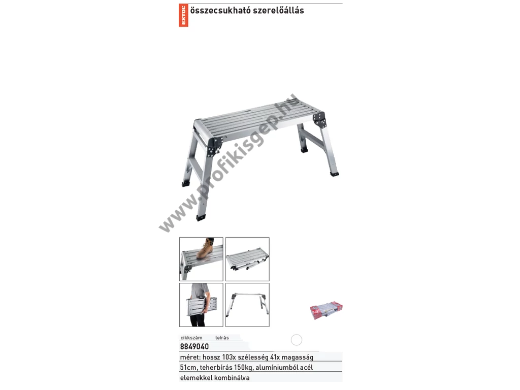 EXTOL premium szerelőállás/munkapad, összecsukható, ALU+acél, méretek: 106×42×51cm, max. statikus terhelés: 150 kg