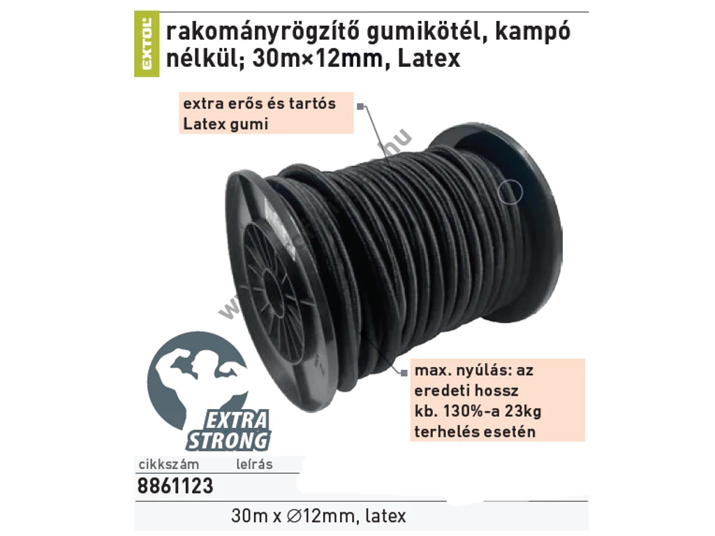 EXTOL craft rakományrögzítő gumikötél,  kampó nélkül; 30m×12mm, Latex