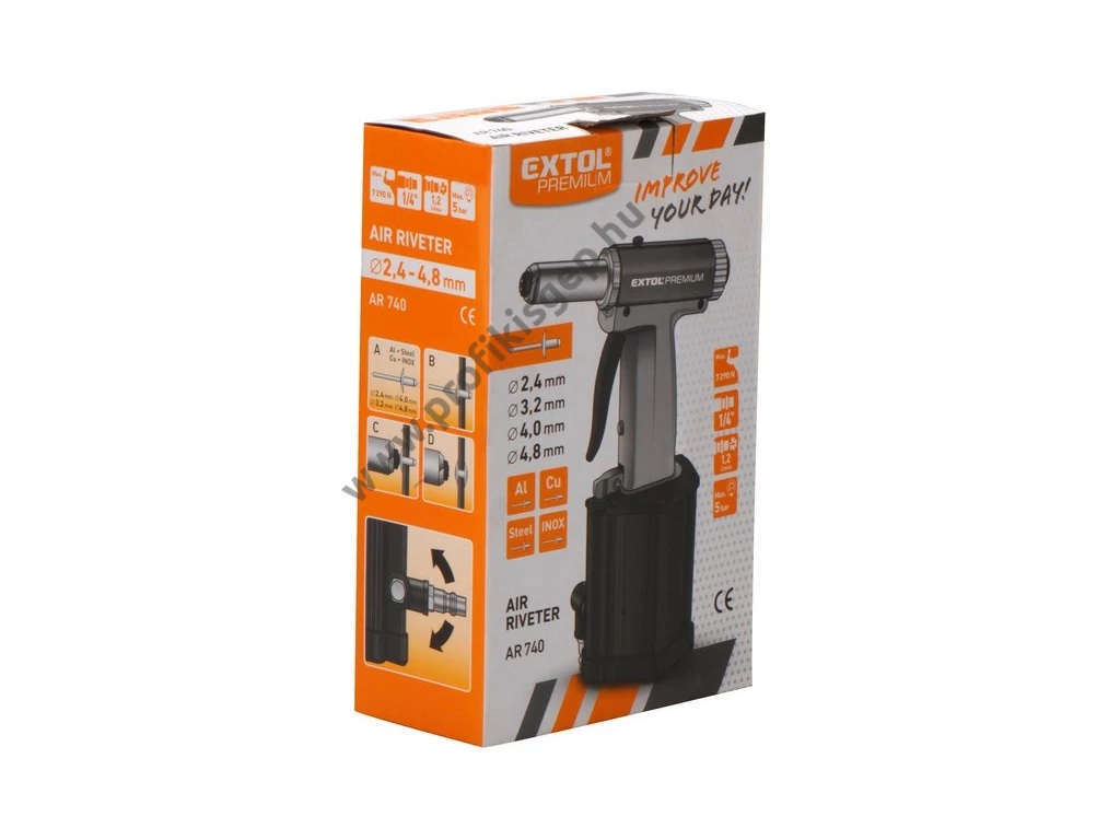 EXTOL premium pneumatikus popszegecshúzó; ALU, réz, acél, INOX szegecsekhez