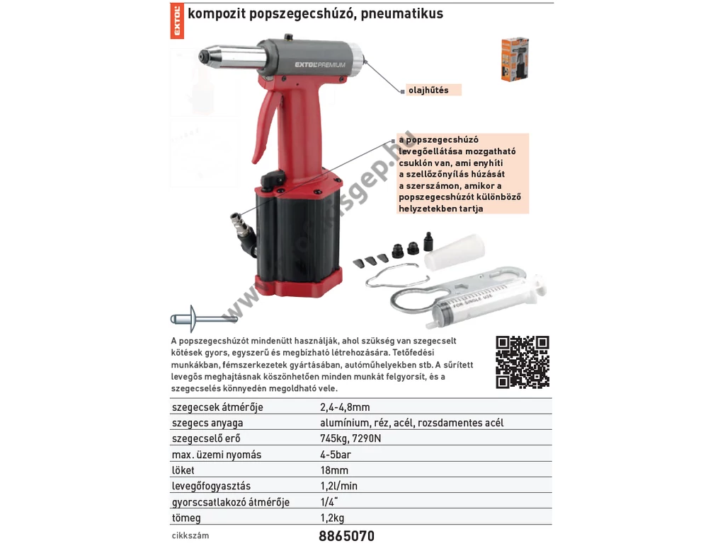EXTOL premium pneumatikus popszegecshúzó; ALU, réz, acél, INOX szegecsekhez