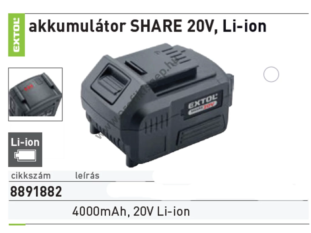 EXTOL premium akkumlátor 20V, 4.0 Ah, SHARE 20V tipusú gépekhez