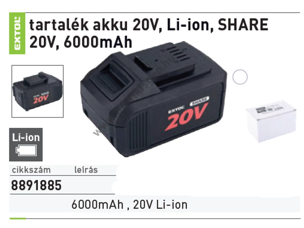 EXTOL premium akkumlátor 20V, 6.0 Ah, SHARE 20V tipusú gépekhez