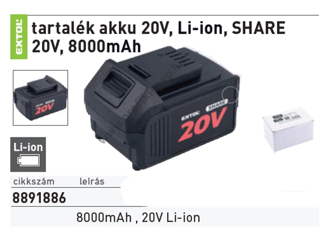 EXTOL premium akkumlátor 20V, 8.0 Ah, SHARE 20V tipusú gépekhez