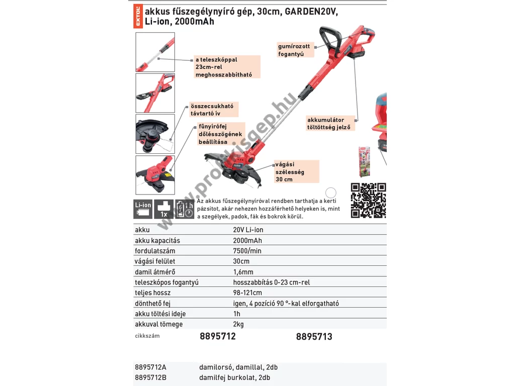 EXTOL premium akkumlátoros szegélynyíró, fűkasza, 20V, 2.0Ah akkuval és töltővel,  damilfej, Garden20V termékcsalád