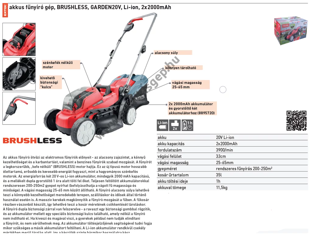 EXTOL premium akkumulátoros fűgyűjtős fűnyíró, 33cm, 20V, 2x2.0 Ah akkuval és töltővel, Garden20V termékcsalád