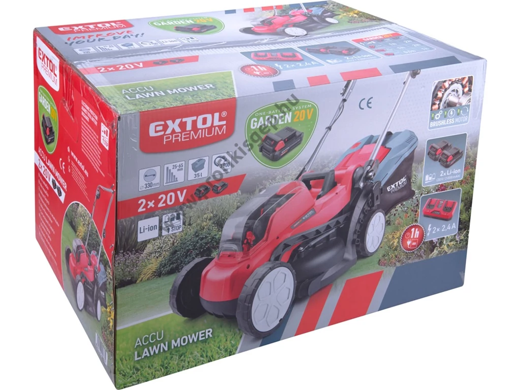 EXTOL premium akkumulátoros fűgyűjtős fűnyíró, 33cm, 20V, 2x2.0 Ah akkuval és töltővel, Garden20V termékcsalád