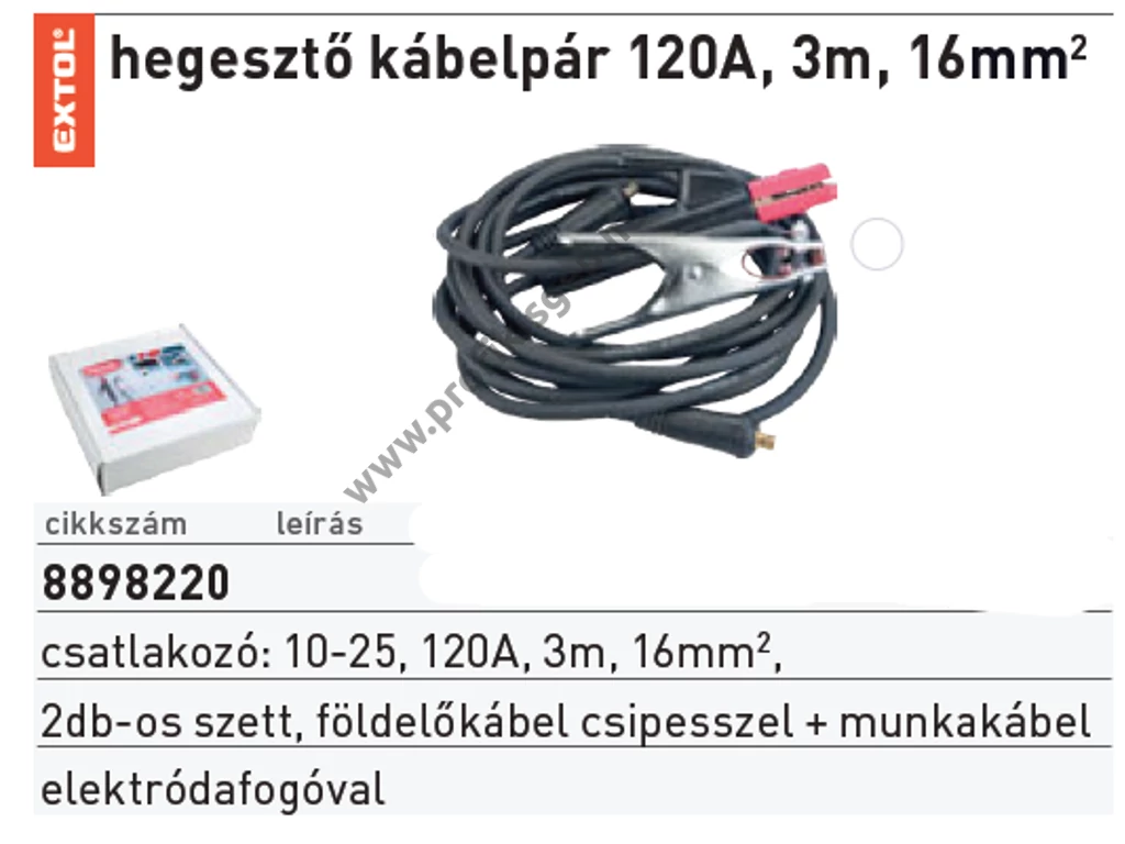 EXTOL premium hegesztő kábelpár, földelőkábel csipesszel + munkakábel elektródafogóval, 120A, 3m, 16mm2, csatlakozó: 10-25