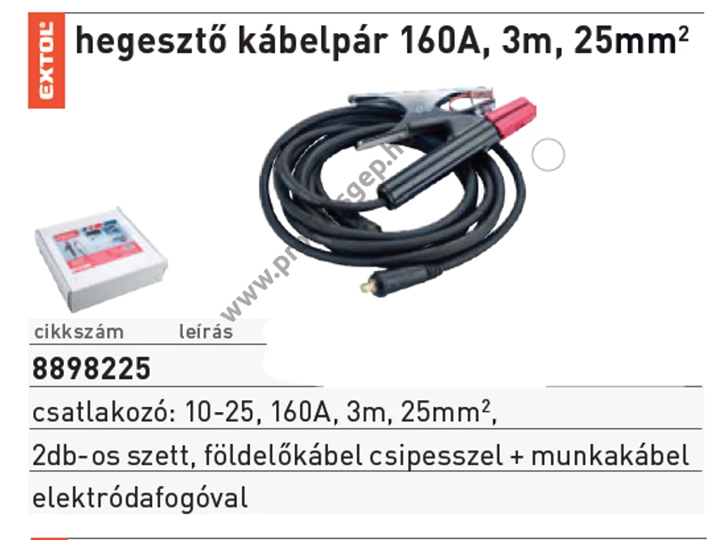EXTOL premium hegesztő kábelpár, földelőkábel csipesszel + munkakábel elektródafogóval, 160A, 3m, 25mm2, csatlakozó: 10-25