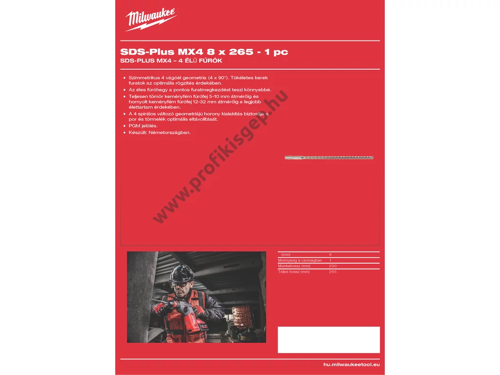 Milwaukee MX4 SDS-Plus 4 élű fúrószár  8 x 200/260 mm  1 db