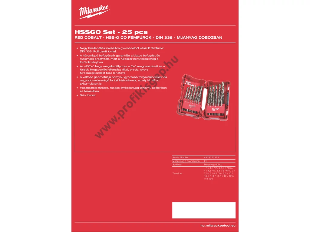 Milwaukee Red Cobalt , HSS-G Co fémfúró készlet, 25 db-os
