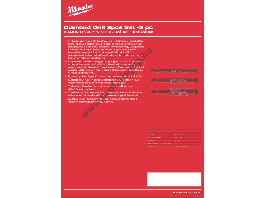 Milwaukee M14 Száraz gyémántfúró (O 6, 8, 10 mm) készlet - 1 db