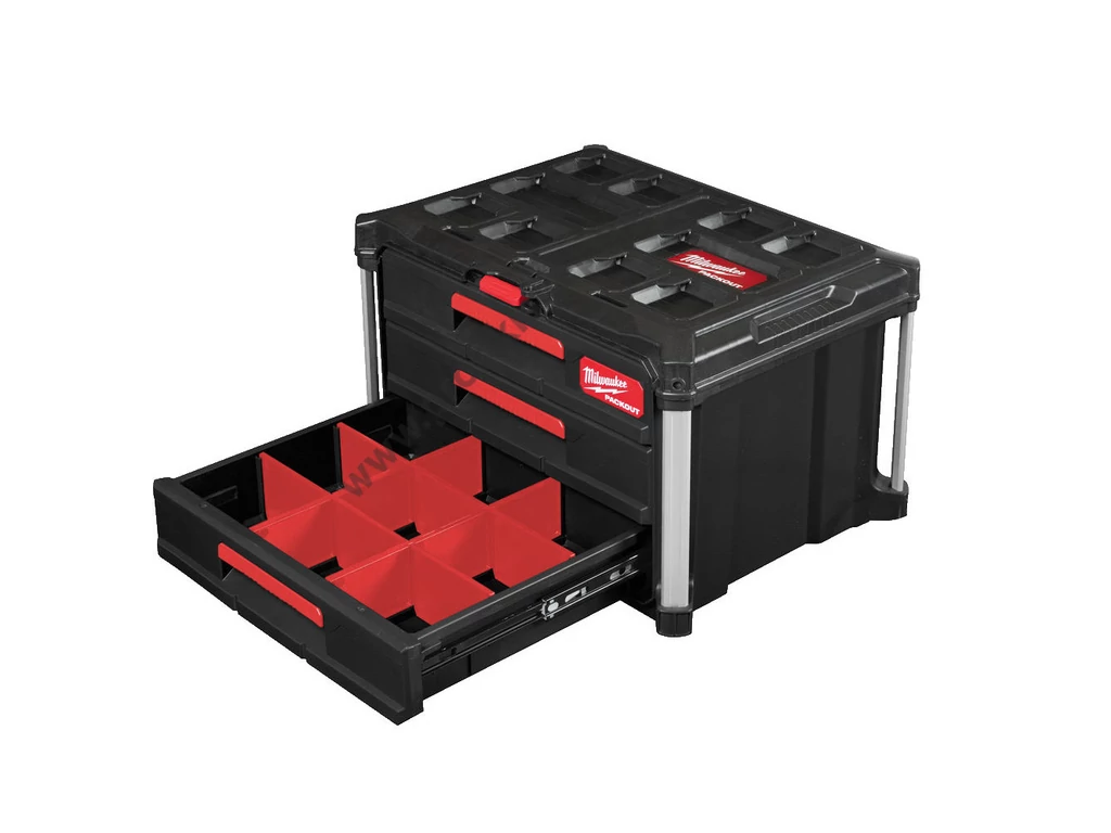 Milwaukee PACKOUT™ Tároló Láda 3 fiókos, ütésálló polimer, 564x414x363 mm