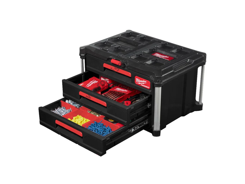 Milwaukee PACKOUT™ Tároló Láda 3 fiókos, ütésálló polimer, 564x414x363 mm