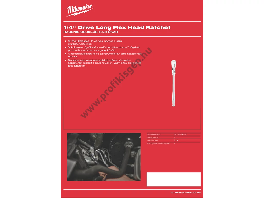 Milwaukee 1/4' Racsnis csuklós hajtókar hosszított 228,6 mm - 1 db
