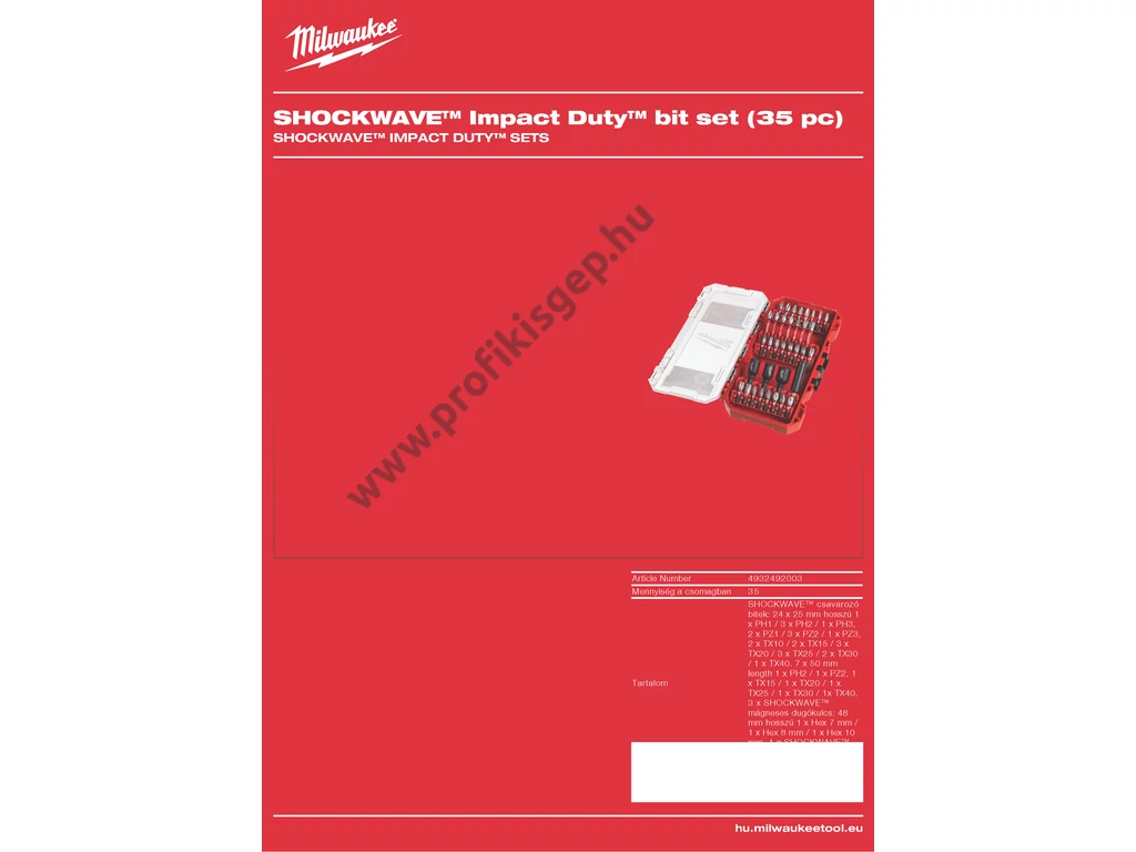 Milwaukee  Shockwave 35 darabos Bitkészlet, PH/PZ/TX, lézerrel edzett