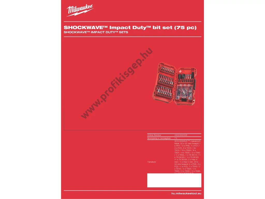 Milwaukee Shockwave 75 darabos Bitkészlet, PH/PZ/TX, lézerrel edzett