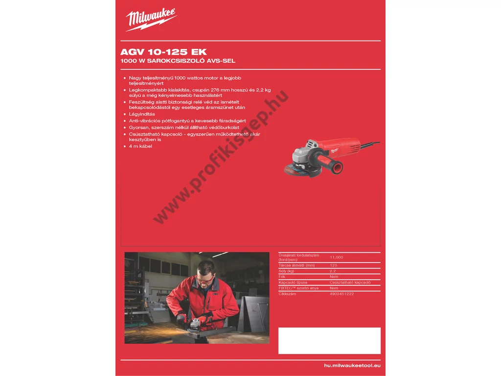 Milwaukee AGV10-125EK elektromos sarokcsiszoló, 125mm, 1000W, lágyindítás