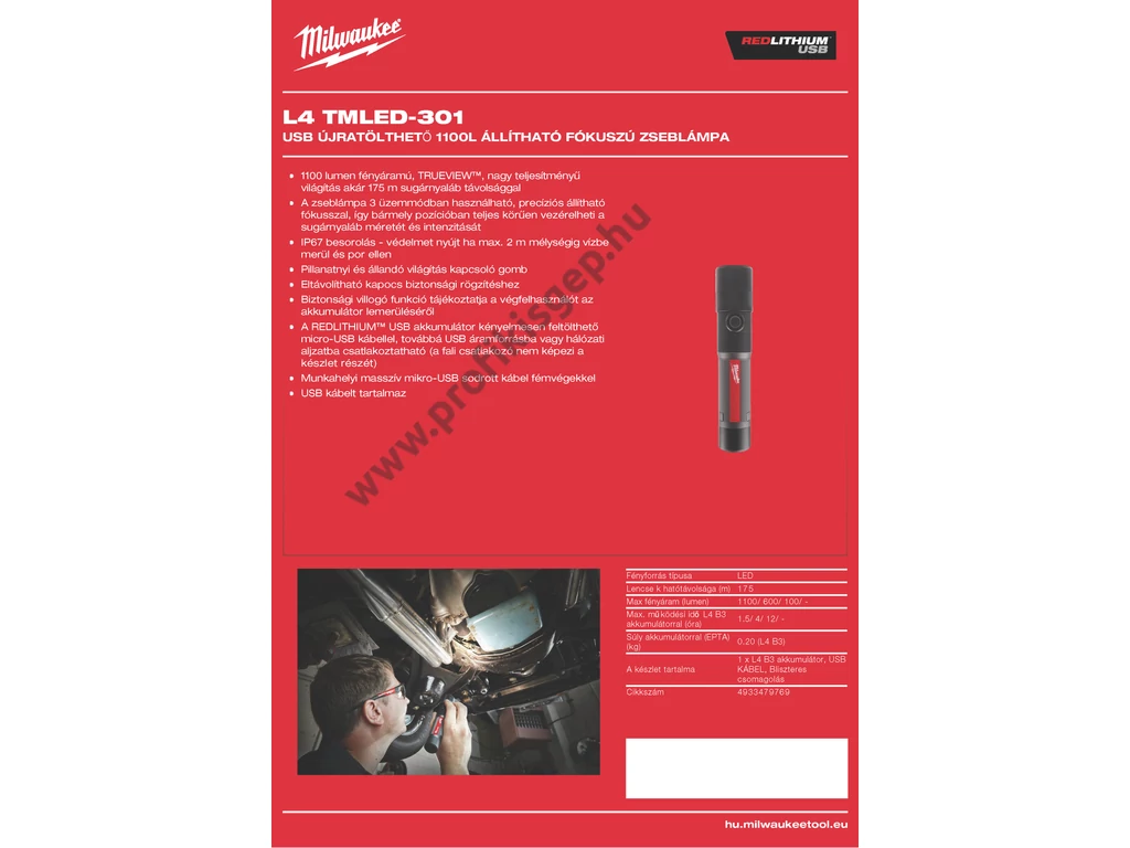 Milwaukee L4TMLED-301 USB ÚJRATÖLTHETŐ 1100L ZSEBLÁMPA