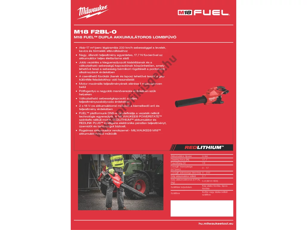 Milwaukee M18F2BL-0 DUPLA AKKUMULÁTOROS LEVEGŐFÚVÓ, akku és töltő nélkül