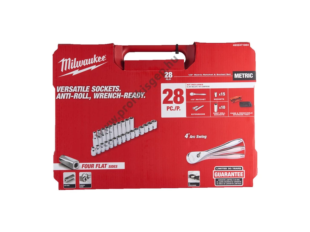 Milwaukee 1/2" dugókulcs készlet, 1/2" racsnis hajtószárral, 28 részes