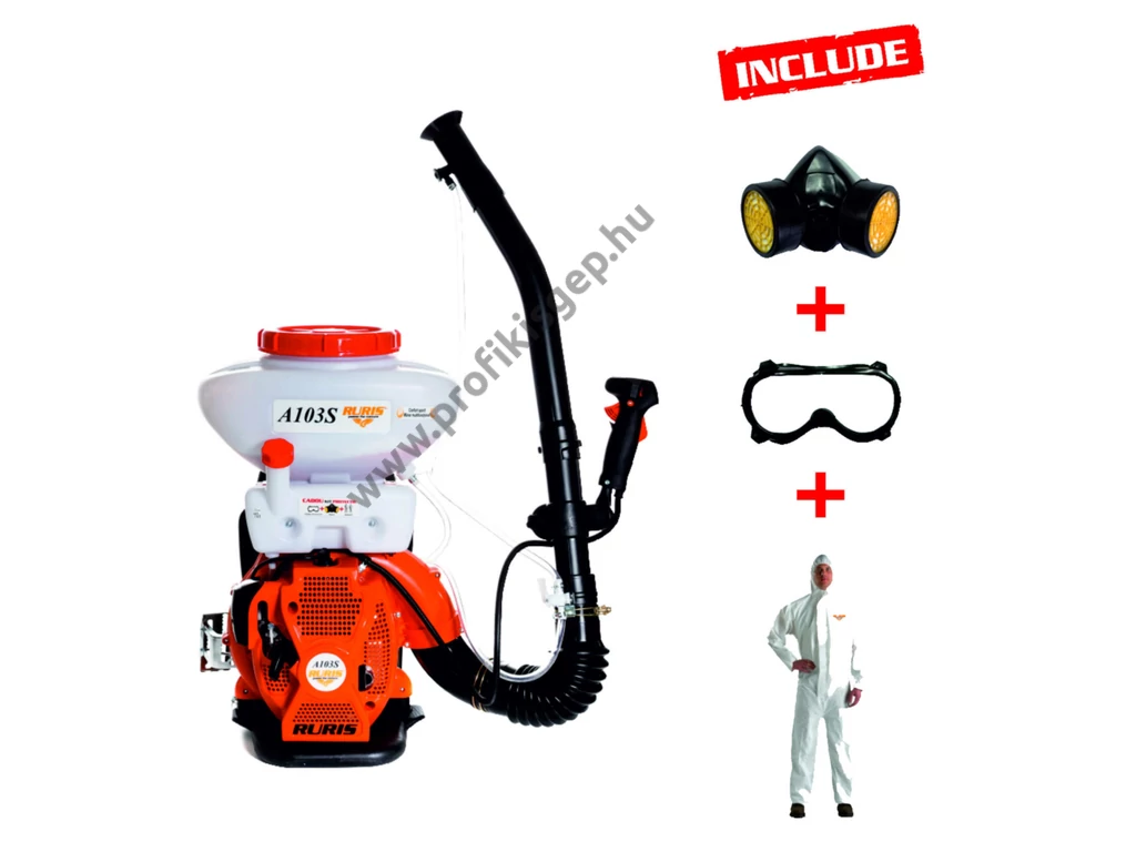 RURIS A103S Benzinmotoros permetező, 2 ütemű, 44.0cm3, 3,0Le, tartály: 16 liter, segédszivattyúval, védőfelszereléssel