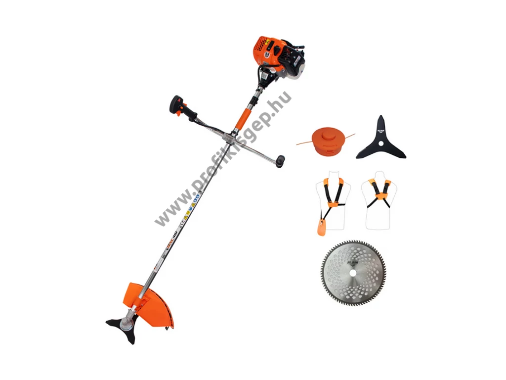 RURIS DAC 410 benzinmotoros bozótvágó, fűkasza 57cm3, 3,3Le, damilfej, 3ágú vágótárcsa, 8fogú vágótárcsa, 90fogú vídiás vágótárcsa, dupla vállheveder