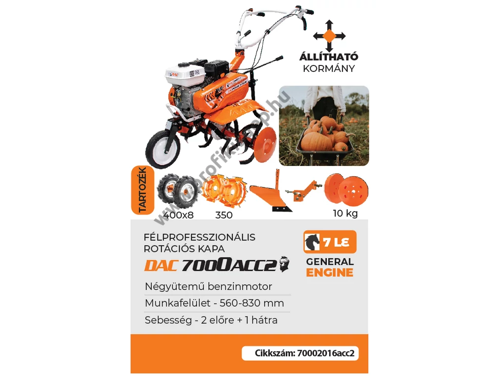 RURIS DAC 7000 ACC2 Benzinmotoros kapálógép, 208cm3, 2x3 kapatag, 2+1 sebesség +gumikerék, +vaskerék, +szántó eke, +szerszámtartó 