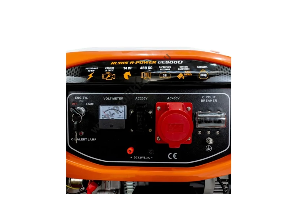 RURIS R-Power GE 8000 benzinmotoros egy,- és háromfázisú áramfejlesztő, Max: 7500W/400V, 3X10.1Amper, Motor: 459.0 cm3, feszültségszabályzó, Önindító