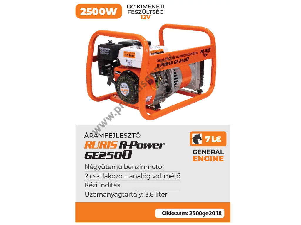 RURIS R-POWER GE 2500 Egyfázisú áramfejlesztő, 230V, Max: 2500W, Motor: OHV 196cm3