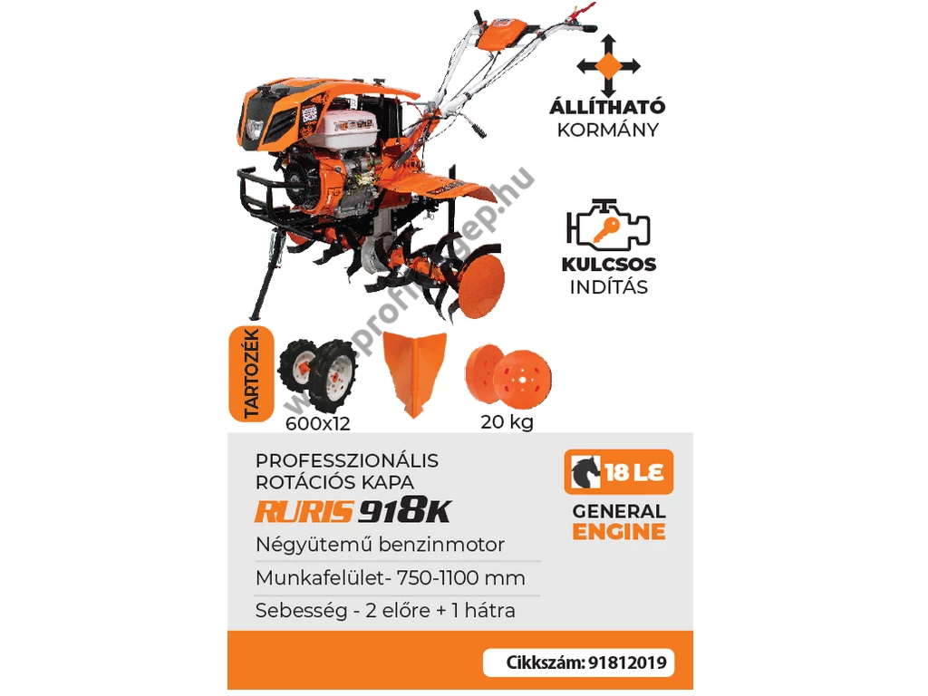 RURIS 918K Benzinmotoros kapálógép, rotációs kapa, 460cm3, 2x4 kapatag, 2+1 sebesség, +gumikerék, + nyító eke, + 20 kg keréksúly