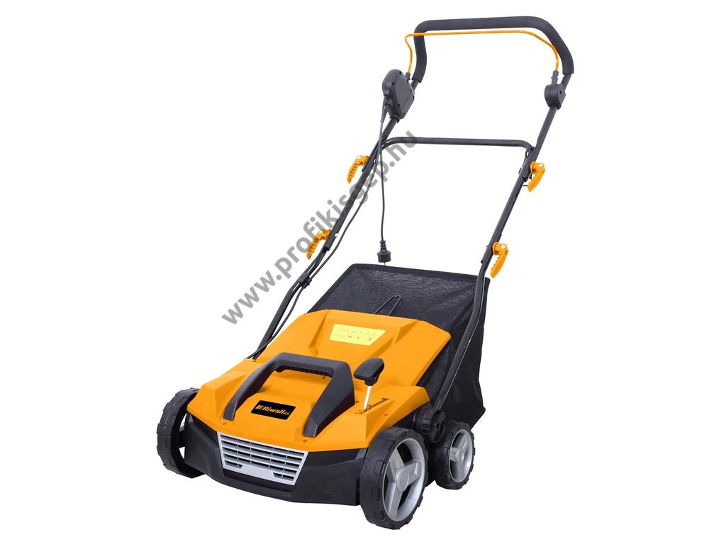 Riwall REV 3816 elektromos gyepszellőztető, gyeplazító, 38cm, 1600W, 16 acél kés, rugós tengely, fűgyűjtő