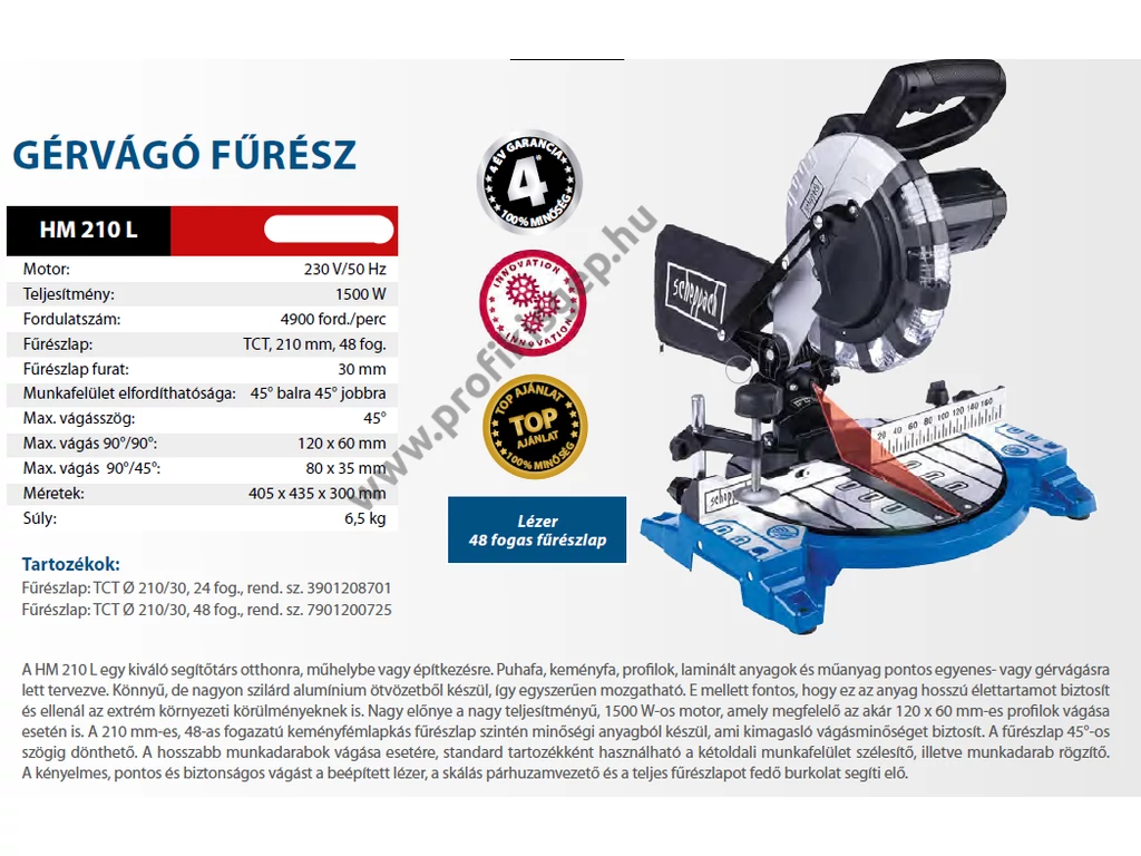 Scheppach HM 210 L gérvágó fűrész , 1500W, 210mm tárcsa, lézerrel