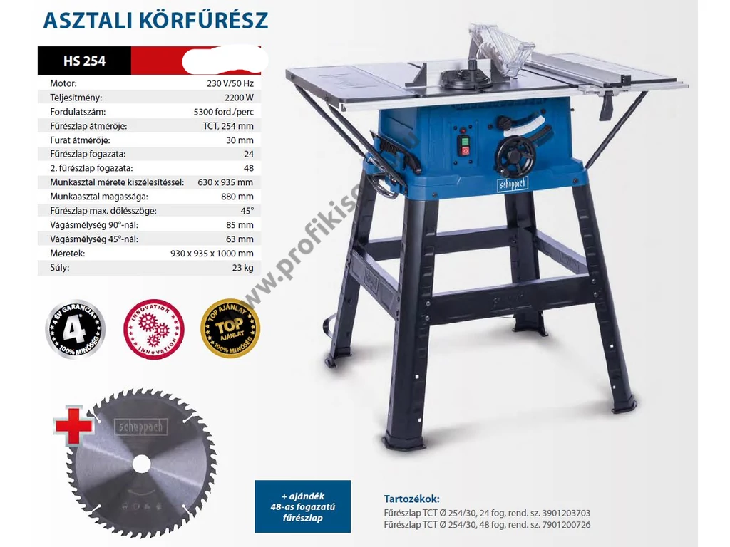 Scheppach HS 254 asztali körfűrész, 230V, 2200W, 254mm tárcsaátmérő, +48 fogas fűrészlap