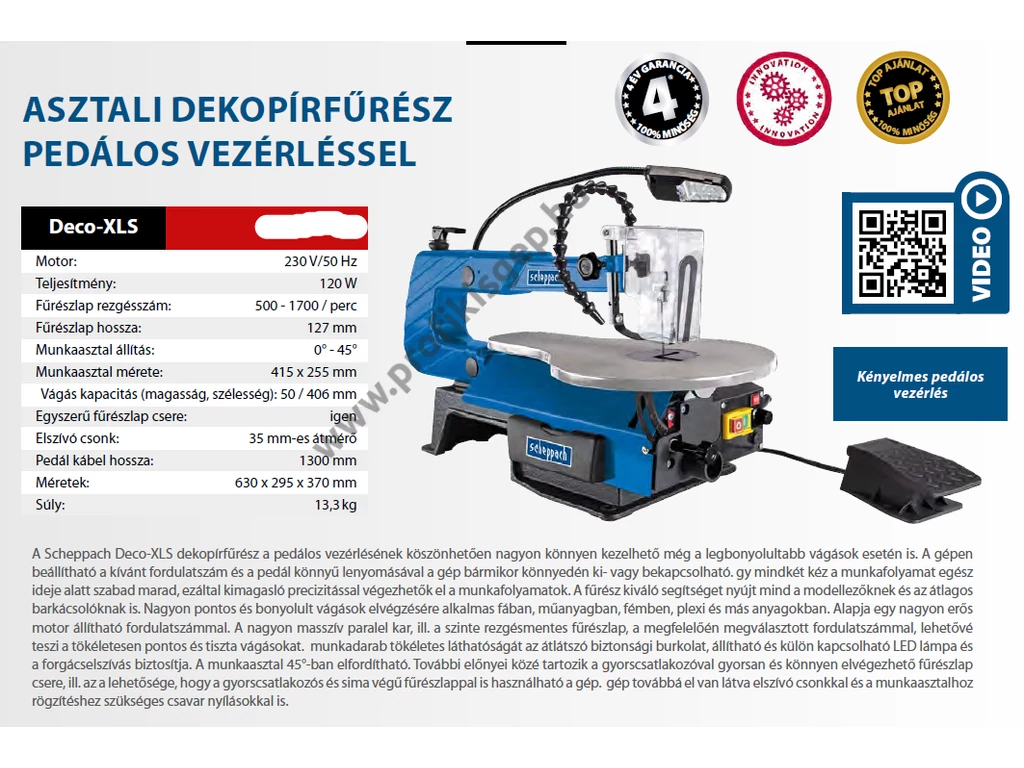 Scheppach Deco-XLS asztali dekopírfűrész, lombfűrész, 120W/230V, Max: 50mm, 500-1700 fordulat, pedál vezérléssel
