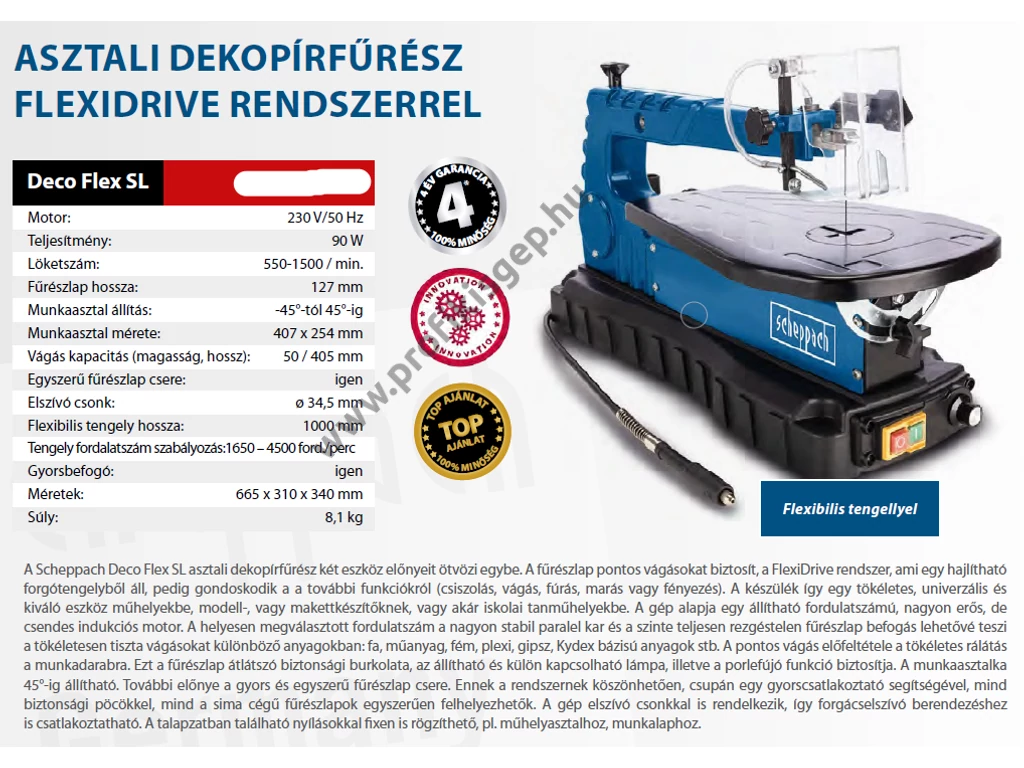 Scheppach Deco-flex S Lasztali dekopírfűrész, lombfűrész, 90W/230V, Max: 50mm, 550-1500 fordulat , hajlékony tengellyel