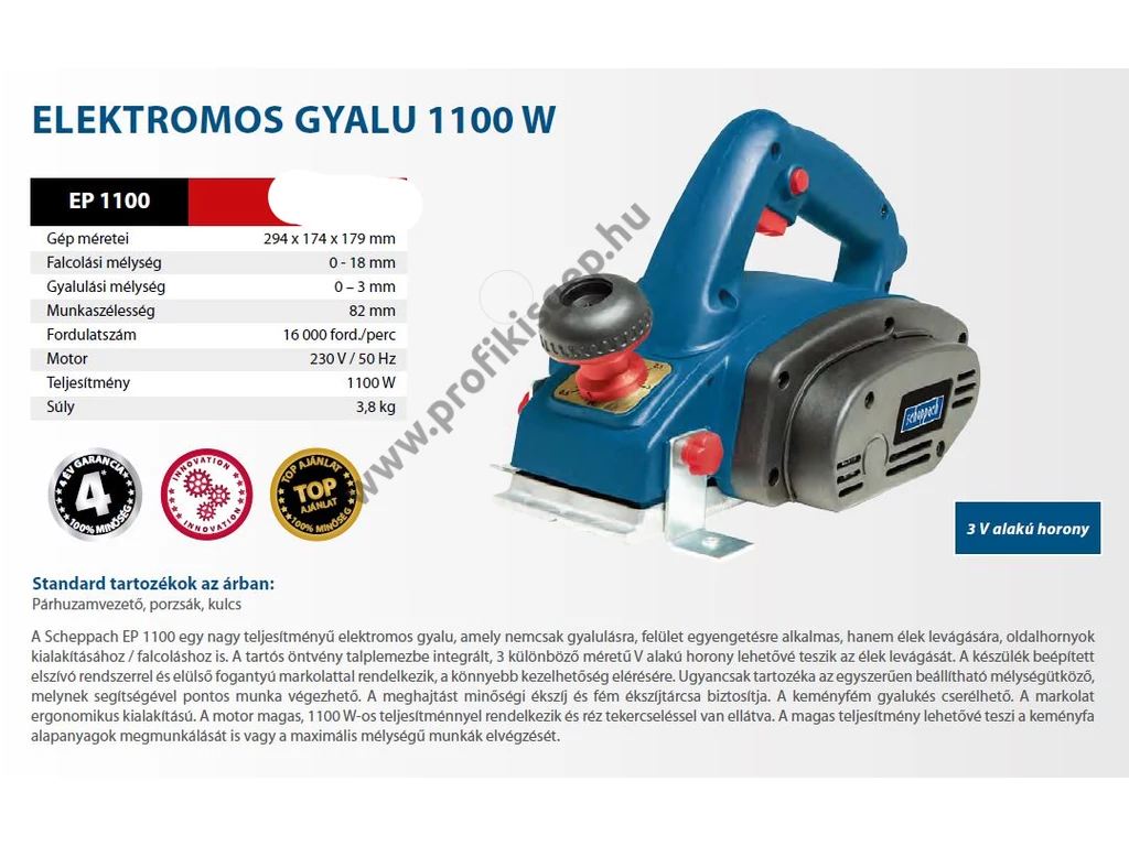 Scheppach EP 1100 elektromos gyalu, egyengető és falc gyalu, 1100W, 82mm