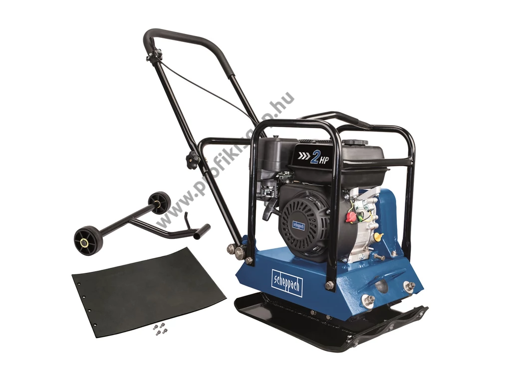 Scheppach HP 1200s lapvibrátor, Motor: Loncin 196cm3, 15kN, 45x35cm, 60kg, szállítókerék, gumilap