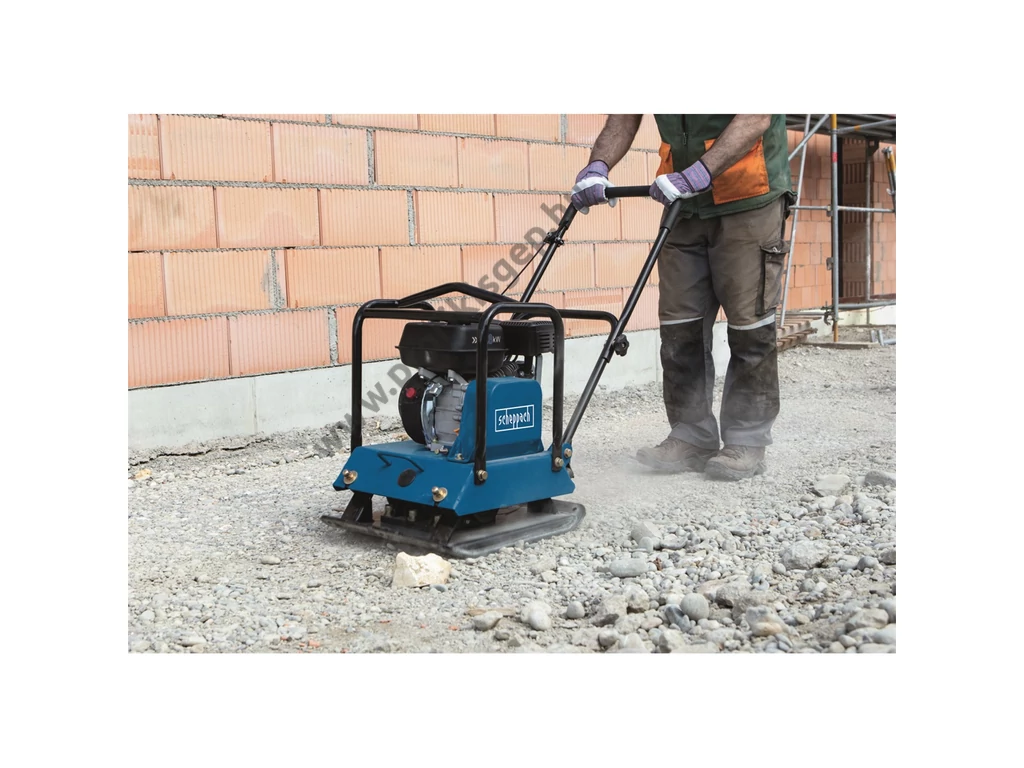 Scheppach HP 2200s lapvibrátor, Motor: Loncin 196cm3, 25kN, 55x44cm, 102kg, szállítókerék, gumilap
