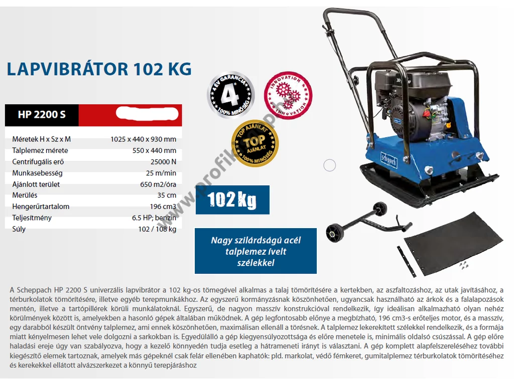 Scheppach HP 2200s lapvibrátor, Motor: Loncin 196cm3, 25kN, 55x44cm, 102kg, szállítókerék, gumilap
