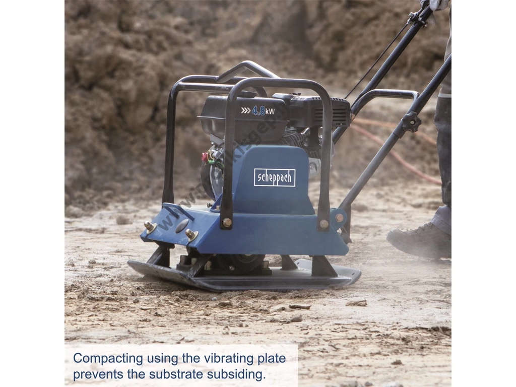 Scheppach HP 2200s lapvibrátor, Motor: Loncin 196cm3, 25kN, 55x44cm, 102kg, szállítókerék, gumilap